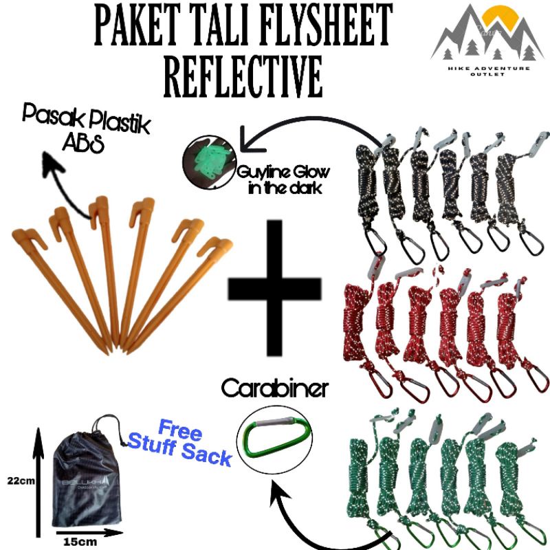 paket lengkap tali flysheet reflektif guyline glow in the dark