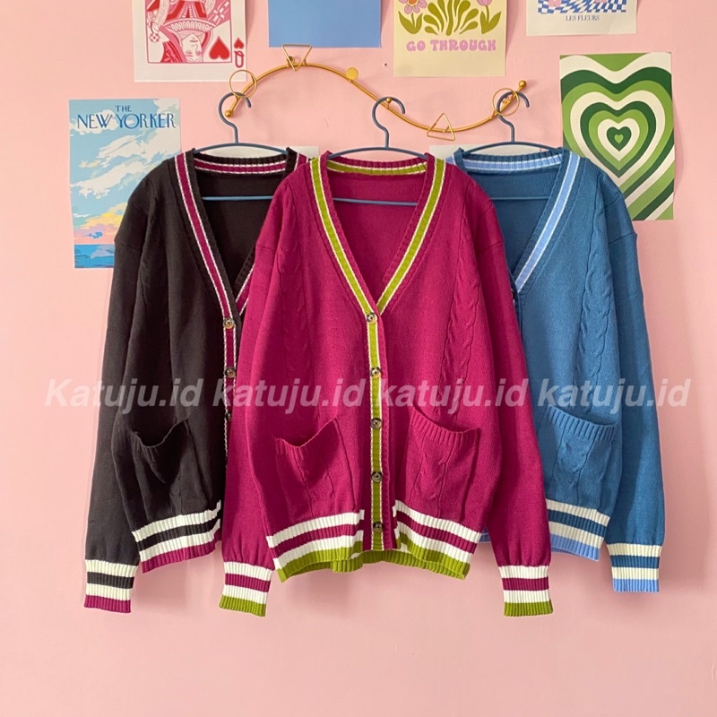 CARDIGAN RAJUT OVERSIZE KOMBINASI WARNA CABLE POCKET