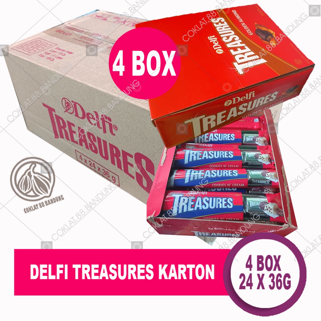 

DELFI TREASURE BOX 1 KARTON, COKLAT DELFI TREASURE GOLDEN ALMOND COOKIES CREAM, COKLAT TREASURE