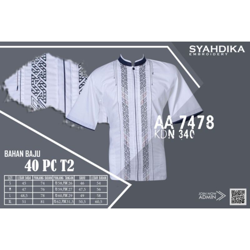 Baju Koko Syahdika Muslim Pria Putih Aplikasi Bordir Lengan Pendek