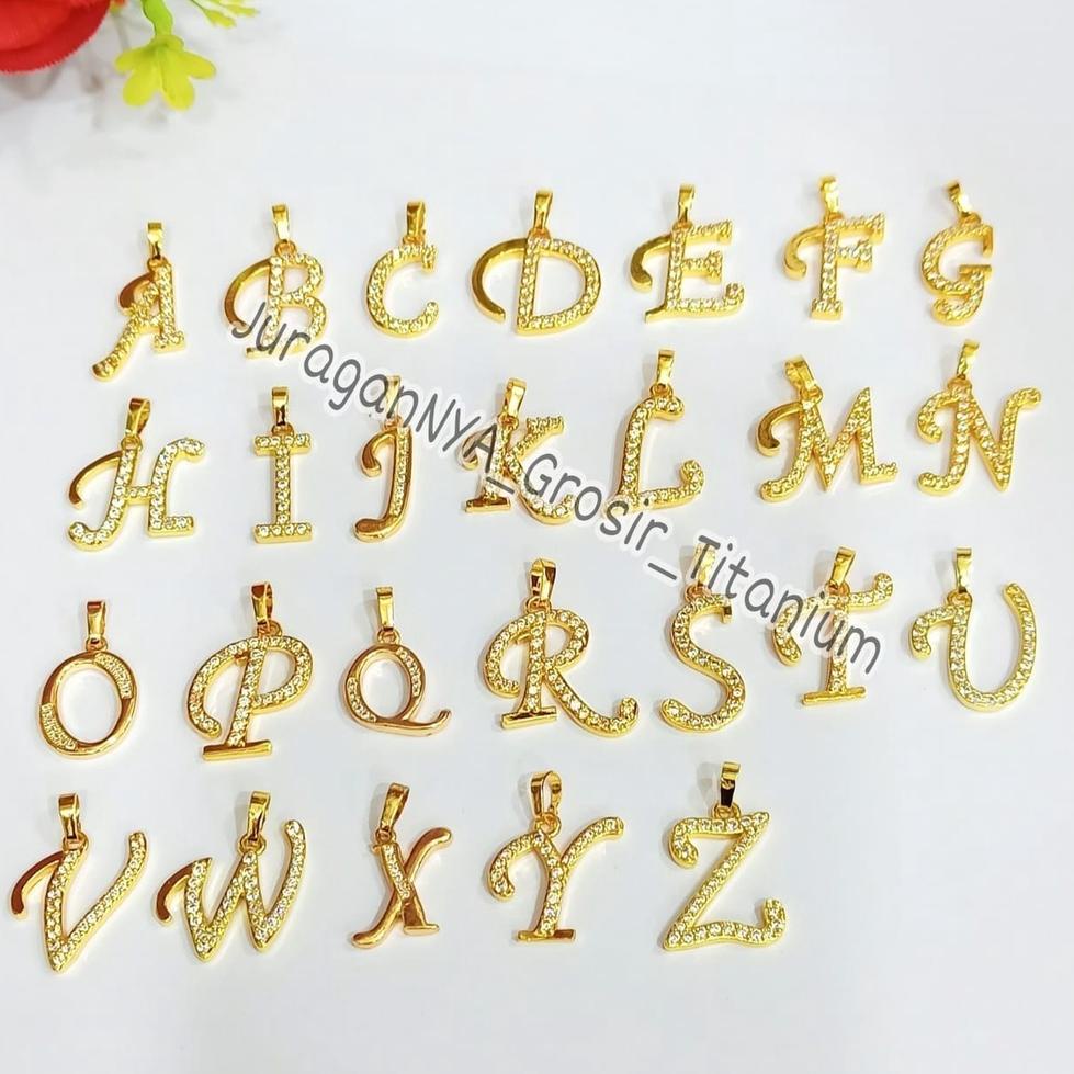TITANIUM SET KALUNG+LIONTIN HURUF LATIN PERMATA ZIRCON ANTI KARAT ANTI LUNTUR BERKUALITAS TINGGI B4B