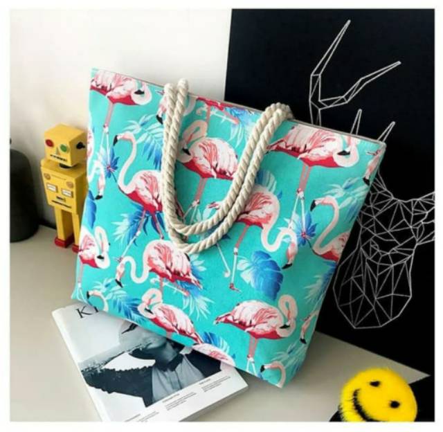 Kawaii Garden Flamingo Canvas Tote Bag Tas Pundak  Shoulder Bag