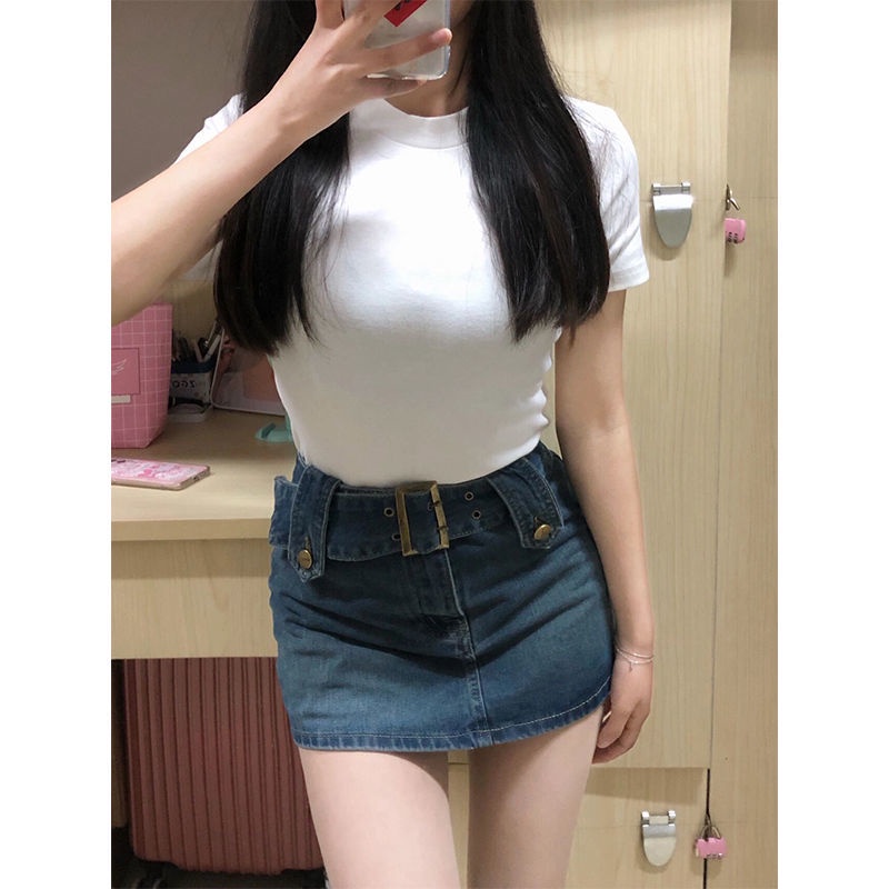 Red Gadis Panas Desain Rok Pendek Rasa Niche A-line Rok Musim Panas Keinginan Murni Seksi Retro All-Match Melapisi Daging Tas Denim Hip Rok Wanita