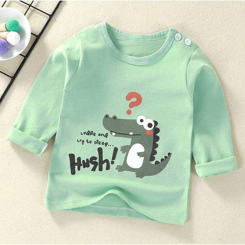 Baju Tshirt Atasan Kaos lengan panjang Kancing Pundak Anak bayi laki-laki Perempuan-Hush Croco