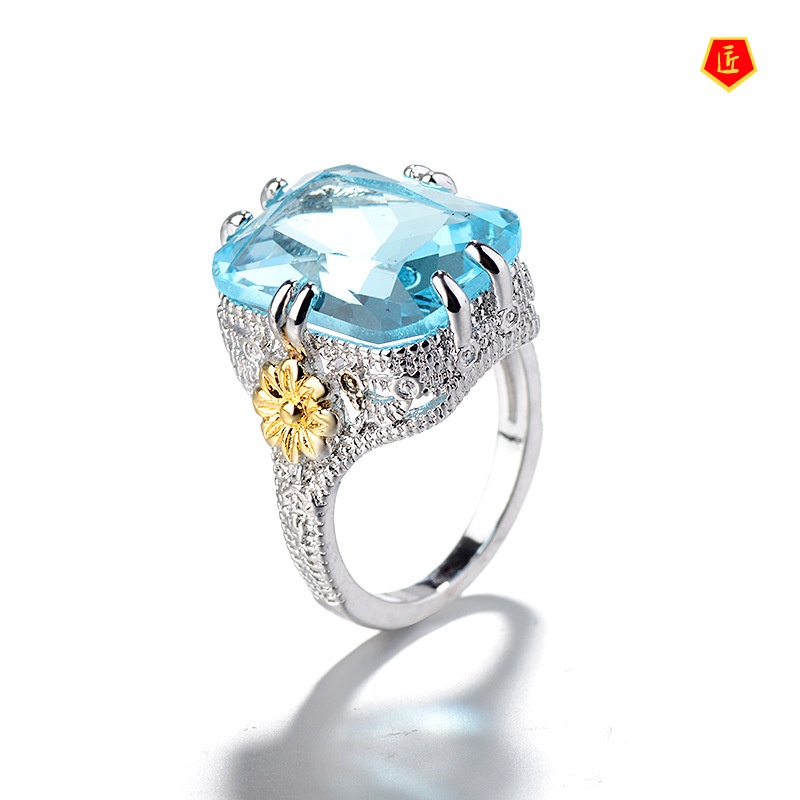 [Ready Stock]Elegant Blue Rhinestone Ring Women's Gold Color Separation Flower Ornament