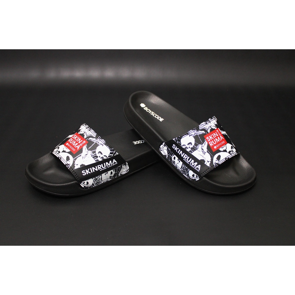 Sendal Selop Pria Wanita Distro Boyscode X Skinruma Black Skull / Sendal Slip On Pria / Sendal Slide Pria / Sendal Slop Pria