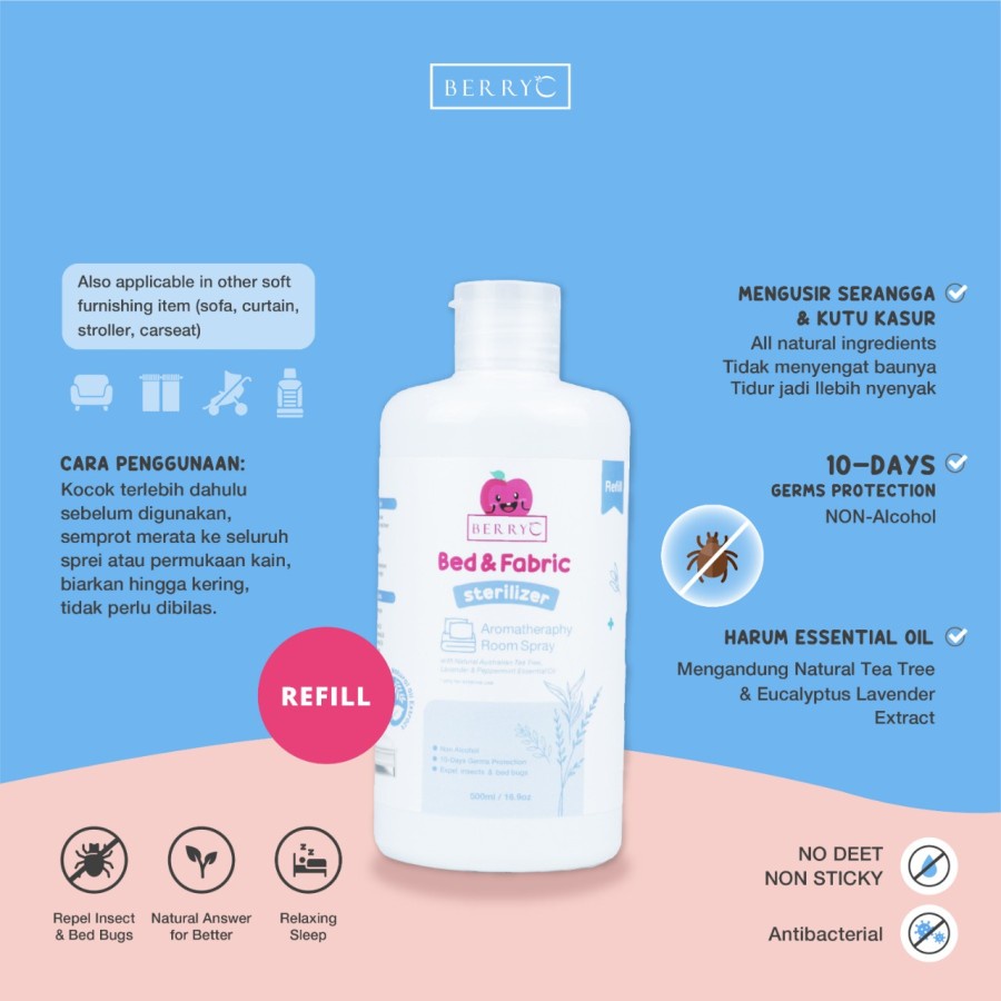 BerryC Bed &amp; Fabric Sterilizer Refill 500ml Anti Kutu Kasur - Semprotan Anti Tungau Bed Bugs 500 ml