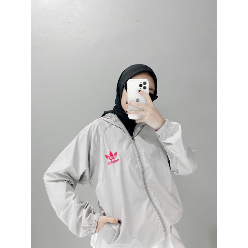Jaket Olahraga Parasut Pria dan Wanita , Sauna Suit, Jogging, Lari, Bersepeda, Despo, Gym Fitnes, Senam, Pria dan Wanita-ABU MUDA ADIDAS