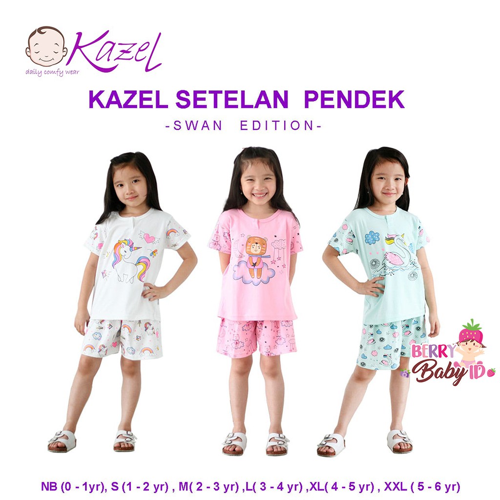 Kazel Set 3 pcs Setelan Pendek Bayi Anak Girl Swan 0-6 Tahun KZL003 Berry Mart