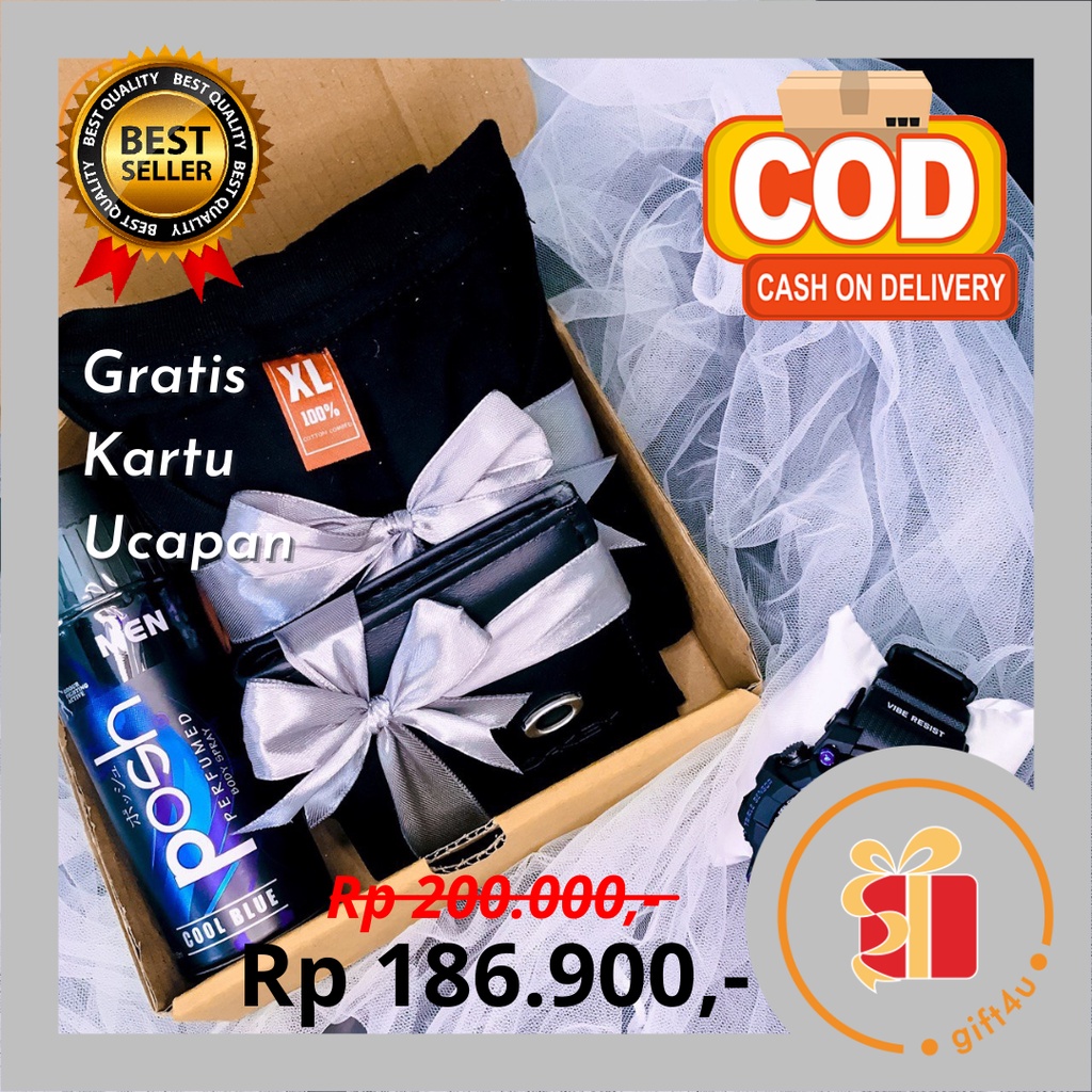 Hampers Cowok Ganteng Cool Black Series Atasan Kaos Polos Jam G-Shock Dompet Pria Parfum Posh Men Ba
