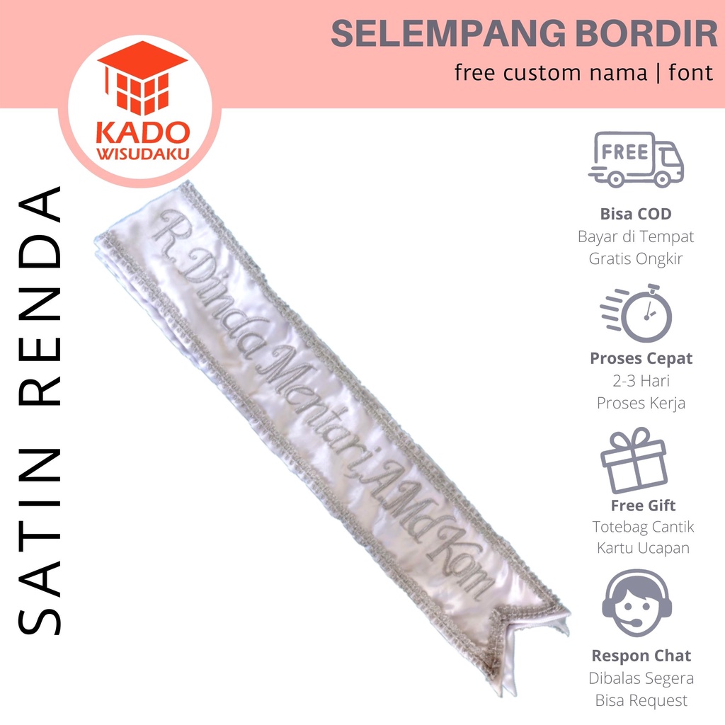 Selempang Bordir Nama Wisuda Satin Renda