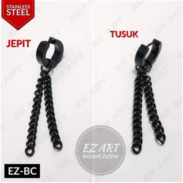 1Pc Model EZ-BC Black Hitam Anting Pria Wanita Jepit Tusuk Variasi Bandul