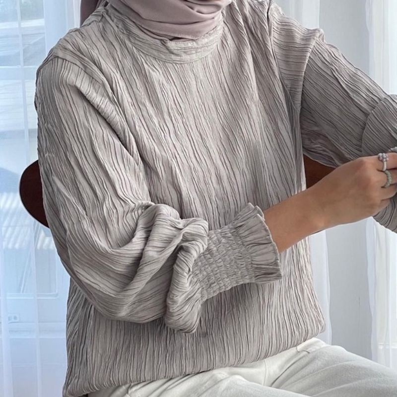Zara blouse / blouse smoke / blouse pleats /blouse puffy / blouse lengan balon kerut / blouse zara semibydianty-Silver