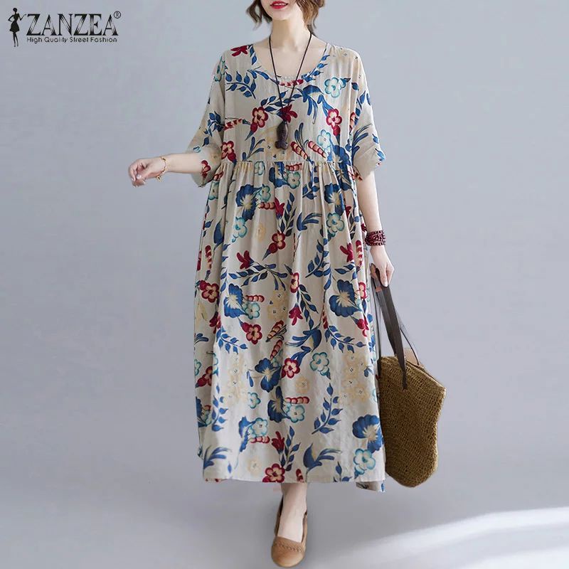 ZANZEA Dress Maxi wanita import Casual elegan motif bunga print ukuran L model longgar Terbaru