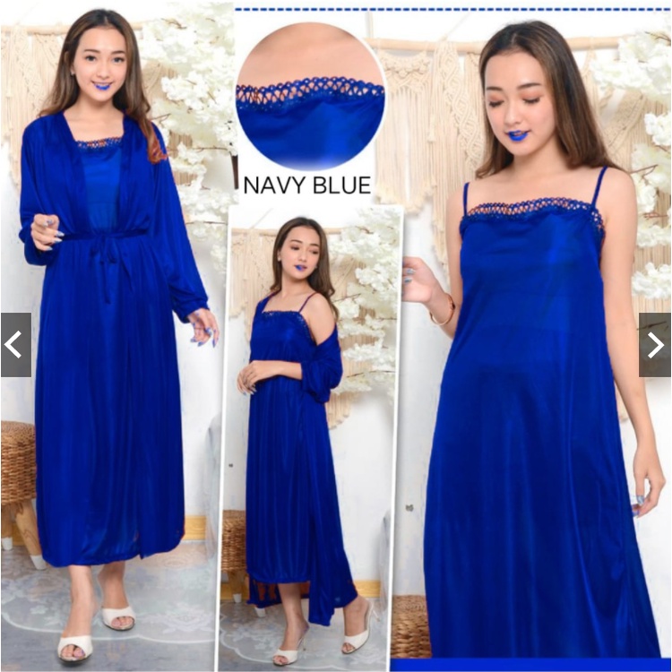 hokyfashion Baju Tidur Jubah Long+Inner Kimono Satin-NAVY