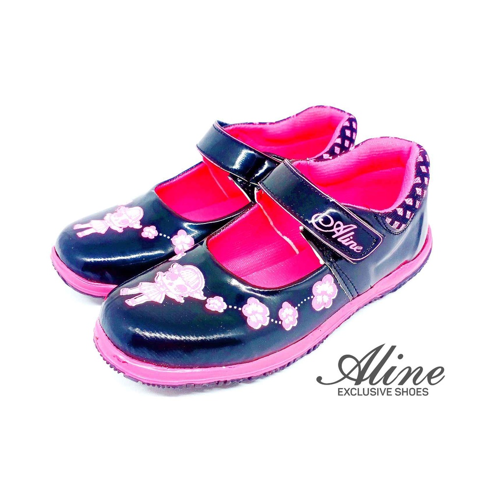 Aline Sepatu Anak Perempuan Size 26-35 Pantofel Sekolah Hitam PAUD TK SD Sporty LOL AA09