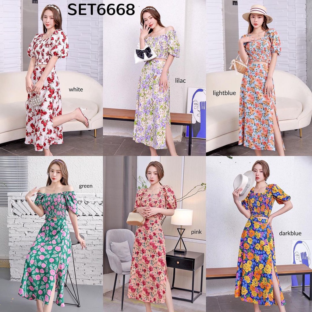 Setelan Wanita SET6668 Summer Set Elastic Top & Slit Skirt Set