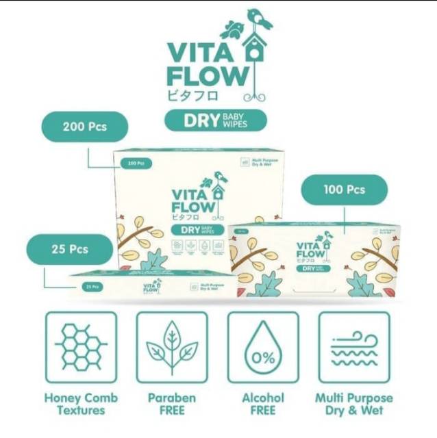 VITAFLOW Multipurpose Dry Wipes 25pcs / 100pcs Tissue Basah dan Kering Drywipes Honeycomb Vita Flow