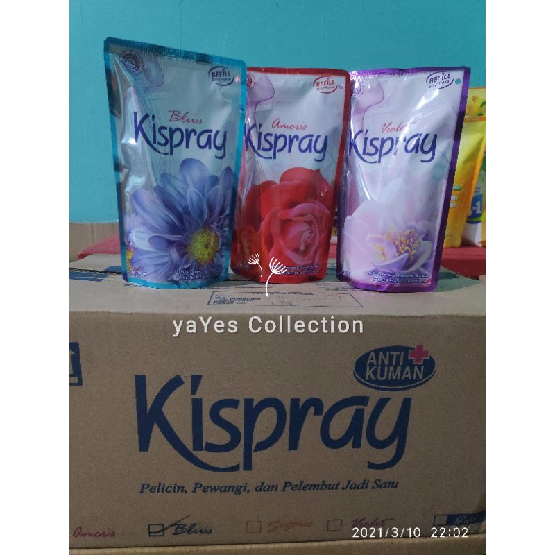 Kispray SIAP PAKAI Refil 300ml Pelicin Pewangi Pelembut Baju antiKuman Merah Biru Ungu Violet kispre