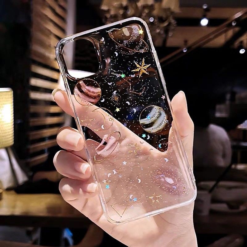 Case Motif planet universe Aksen Glitter Untuk iPhone yptr