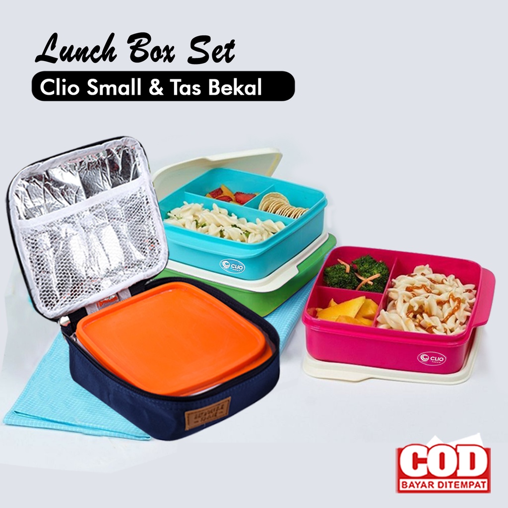 Paket kotak makan plastik Clio dan Tas Bekal mini aluminium foil paket lunch box anak lunch bag set polos