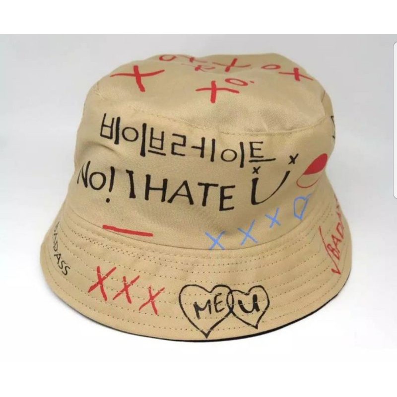 Bucket Hat Korea Sablon Badas &amp; Messed Up Bahan Drill Premium