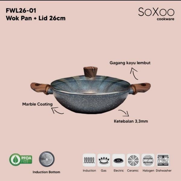 Soxoo Cookware Wok Pan Lid Marble 26 CM FWL26-01 Wajan Tutup Kaca