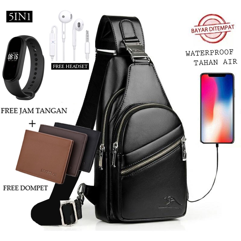 5in1 TAS BONUS JAM &amp;DOMPET,USBPORT &amp; HEADSET-TAS SELEMPANG PRIA sling bag usb port 3