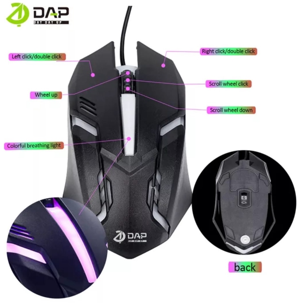 Mouse Gaming Kabel USB Wired DAP M778 ORIGINAL USB LED With Light RGB 1200DPI-Mouse Gaming-Gamers Untuk PC Komputer-Laptop-Windows,Linux,Mac Os