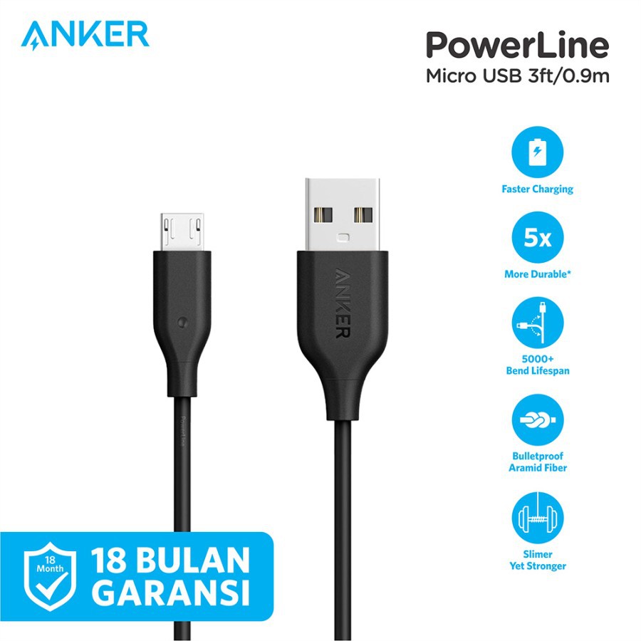 Kabel Charger Anker Powerline USB-A to Micro USB 1M Kabel Charger Samsung New ORI ANKER