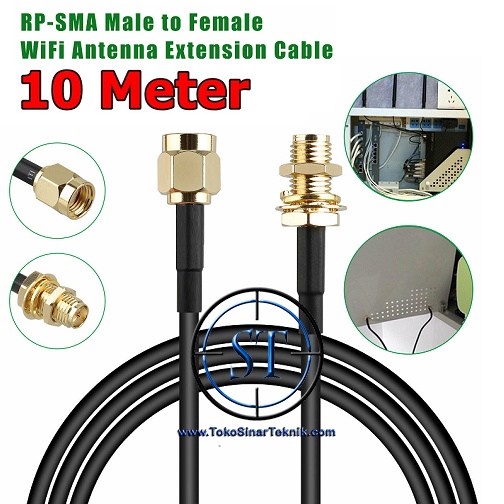 Kabel Extension Pigtail RP-SMA 10 Meter Male to Female Perpanjangan Coaxial RF Cord Connector RPSMA Cable Antenna Wi-Fi Wireless Router Panjang 10meter