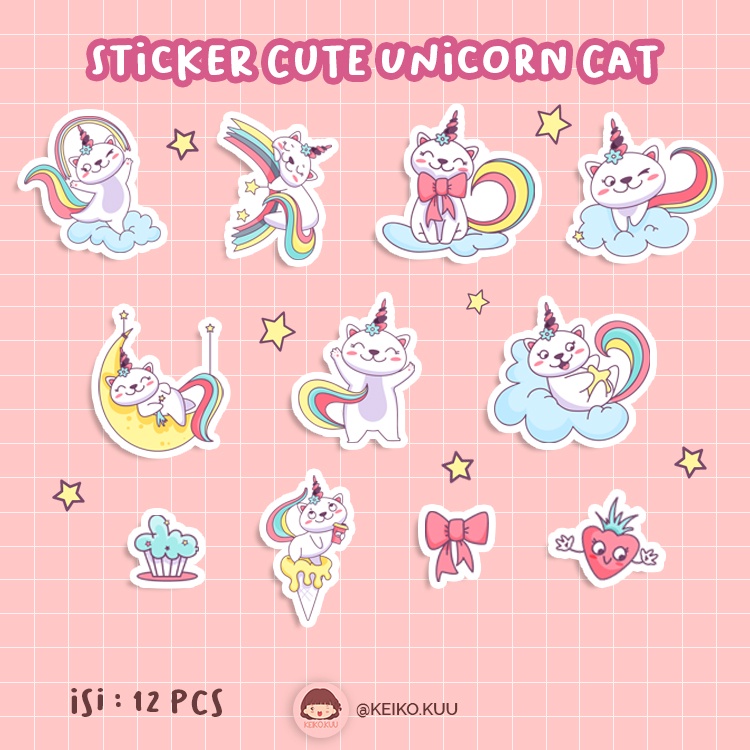 

STICKER UNICORN CAT WATERPROOF ISI 12 PCS