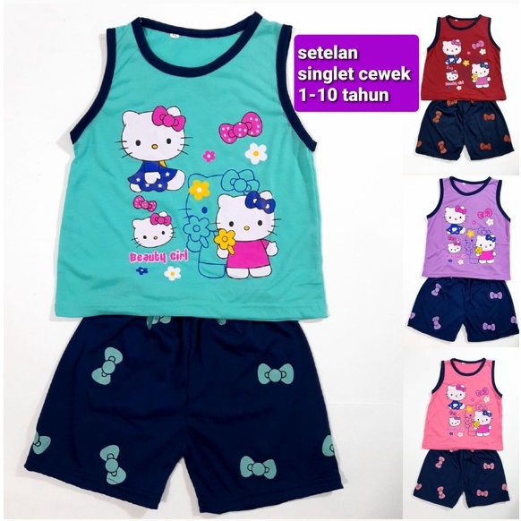 setelan SINGLET 1-10 tahun kaos anak perempuan celana pendek baju cewek motif kity pita grosir murah ecer