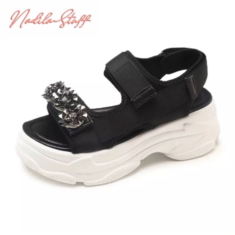 NADILASTUFF [ASLI] Platform Sparkle Flowers ORIGINAL IMPORT BLACK 'LIMITED EDITION'