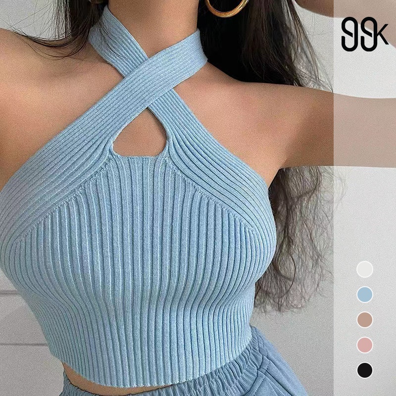 Women Halter Neck Sleeveless Crop Top Atasan Wanita Rajut 2654