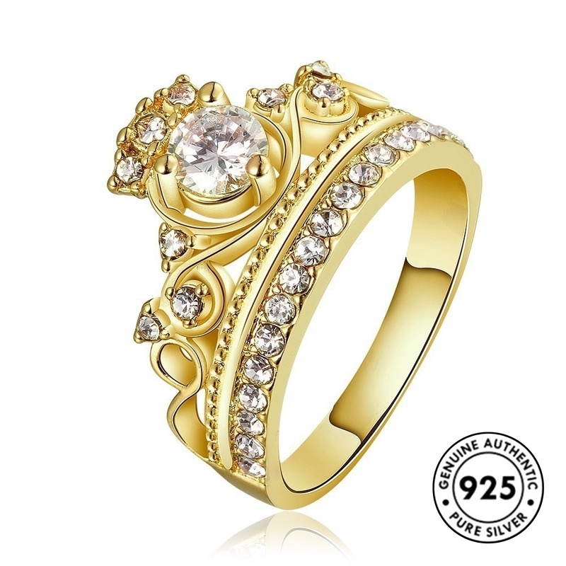 Cincin Bentuk Mahkota Aksen Berlian Bahan S925 Silver Untuk Pasangan