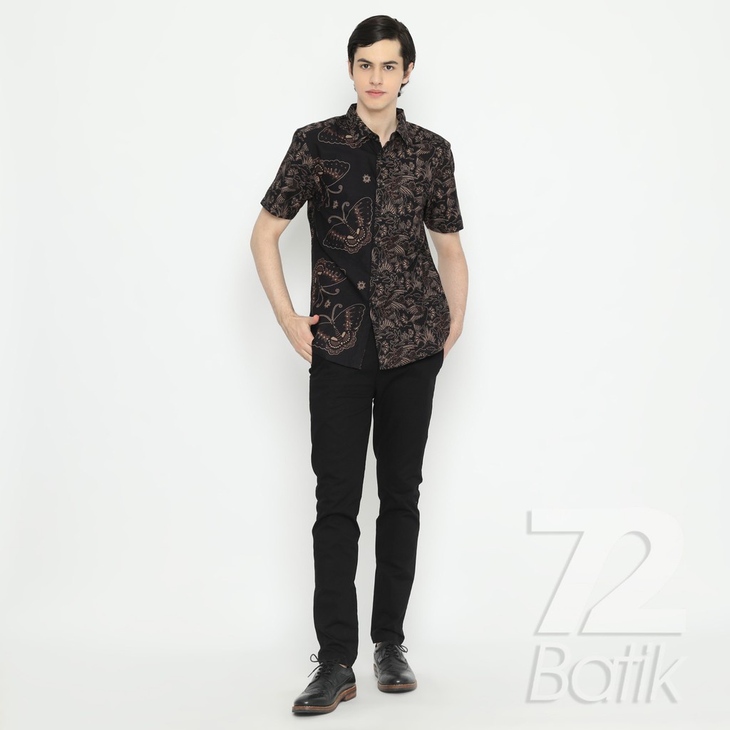 KEMEJA BATIK PRIA Lengan Panjang Slimfit Premium Bangau Two Tone Siang Sore Hitam 728063 Cap 72 - Baju Kemeja Atasan Pakaian Setelan Batik Pria Cowok Laki Laki Remaja Keluarga Kantor Lengan Panjang Modern Slimfit Slim Fit Premium Kekinian