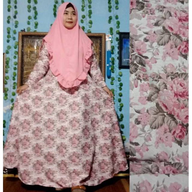 Gamis syari katun motif bunga dahlia + khimar tulip maple polkadot kameela tokain
