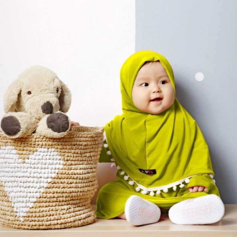 Baju Anak Perempuan Gamis Bayi Hijab Pom Pom 0-2 Tahun Katun Polos Adem Gemoy