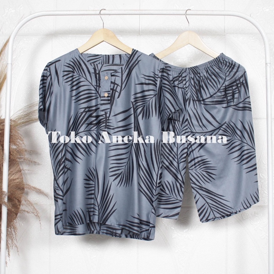 Setelan Baju Tidur Piyama Pendek Rayon 3/4 Motif Daun