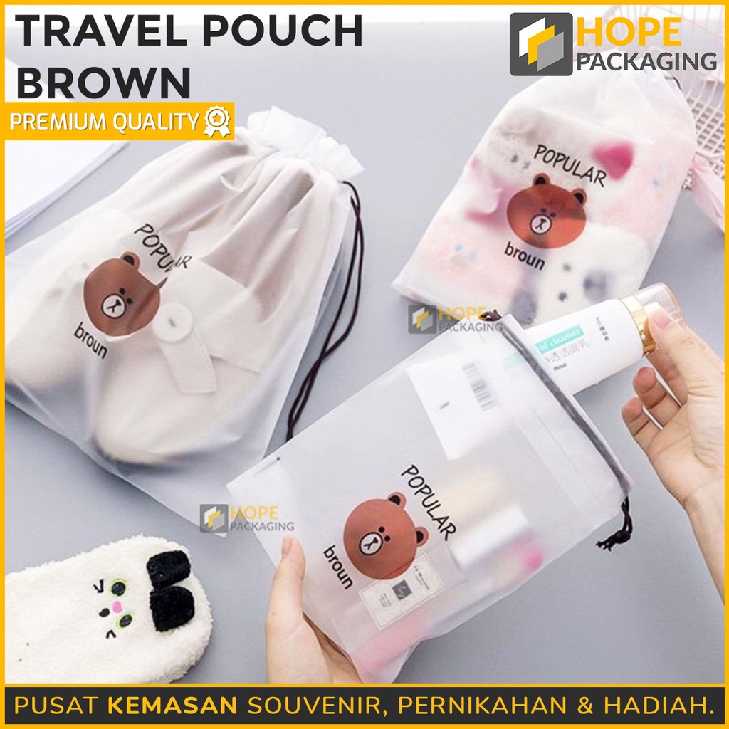 [10 PCS] Travel Pouch Organizer Serbaguna Pouch Serut Motif Beruang Coklat / Pouch Anti Air