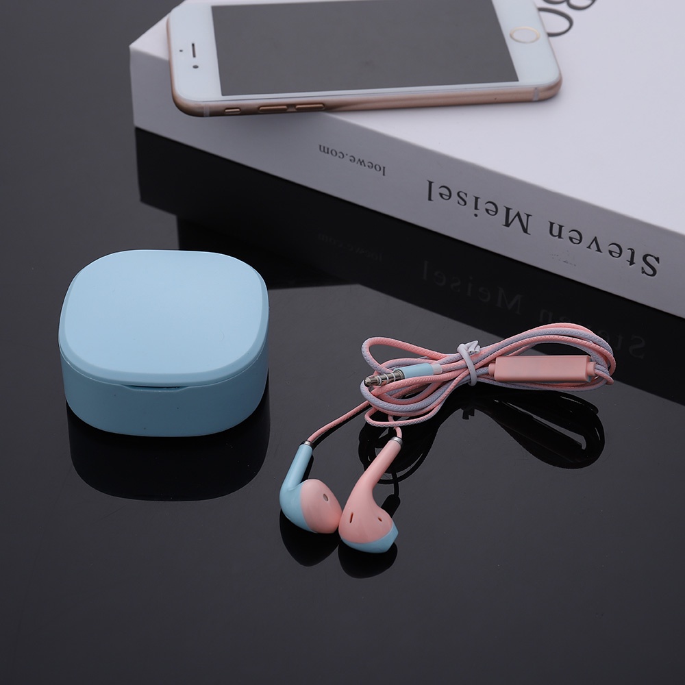 Earphone In ear Warna Macaron Dengan mic + Kotak Penyimpanan, Ada 4 Warna