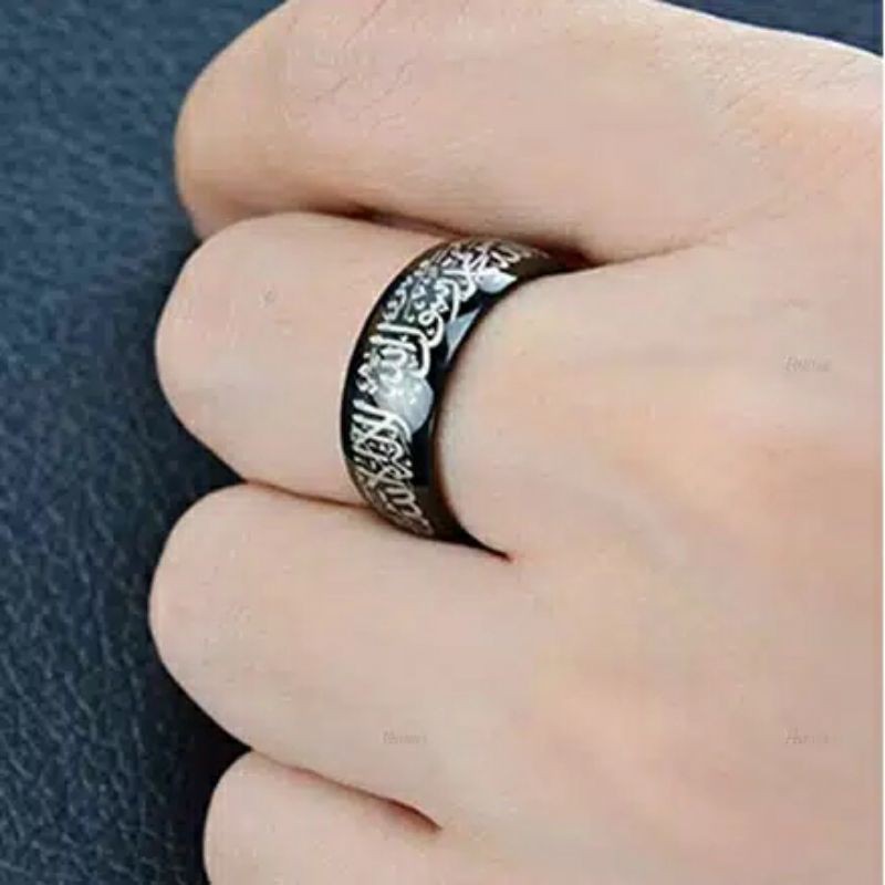 Fourfashion Cincin Tauhid Muslim Pria Wanita Anti Karat Warna Emas Biru Silver Hitam Islam Kaligrafi