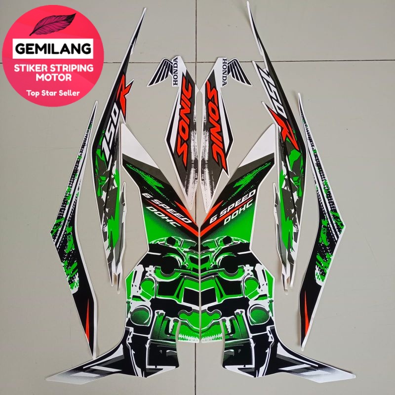 Striping Decal Polet Sticker  Honda sonic 150 2016 body putih list hijau body motor standar Gemilang