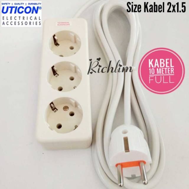 Stop kontak/Colokan Listrik/Stop Kontak Uticon 3 Lubang+Steker Arde+Kabel 10 Meter