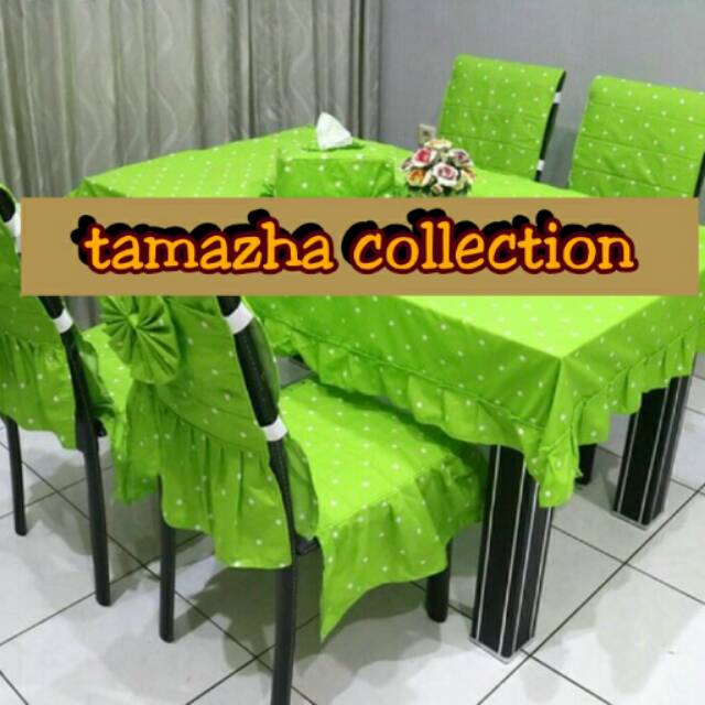 Sarung Kursi Makan set (Taplak Meja, Cover Kursi Makan) *Dotty Hijau*