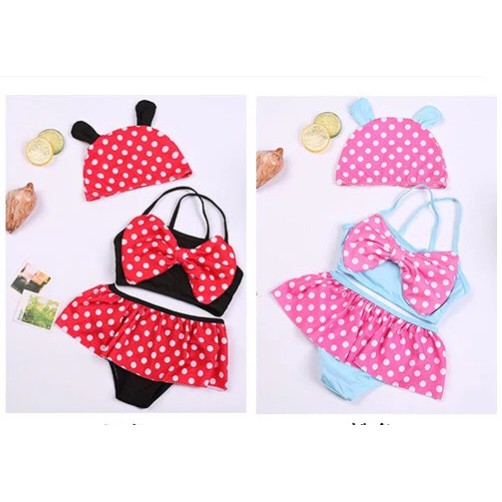 Pakaian Baju Renang Bikini Set Desain Minnie Mouse Anak Bayi 3 In 1 Swim Suit Topi Baju Celana