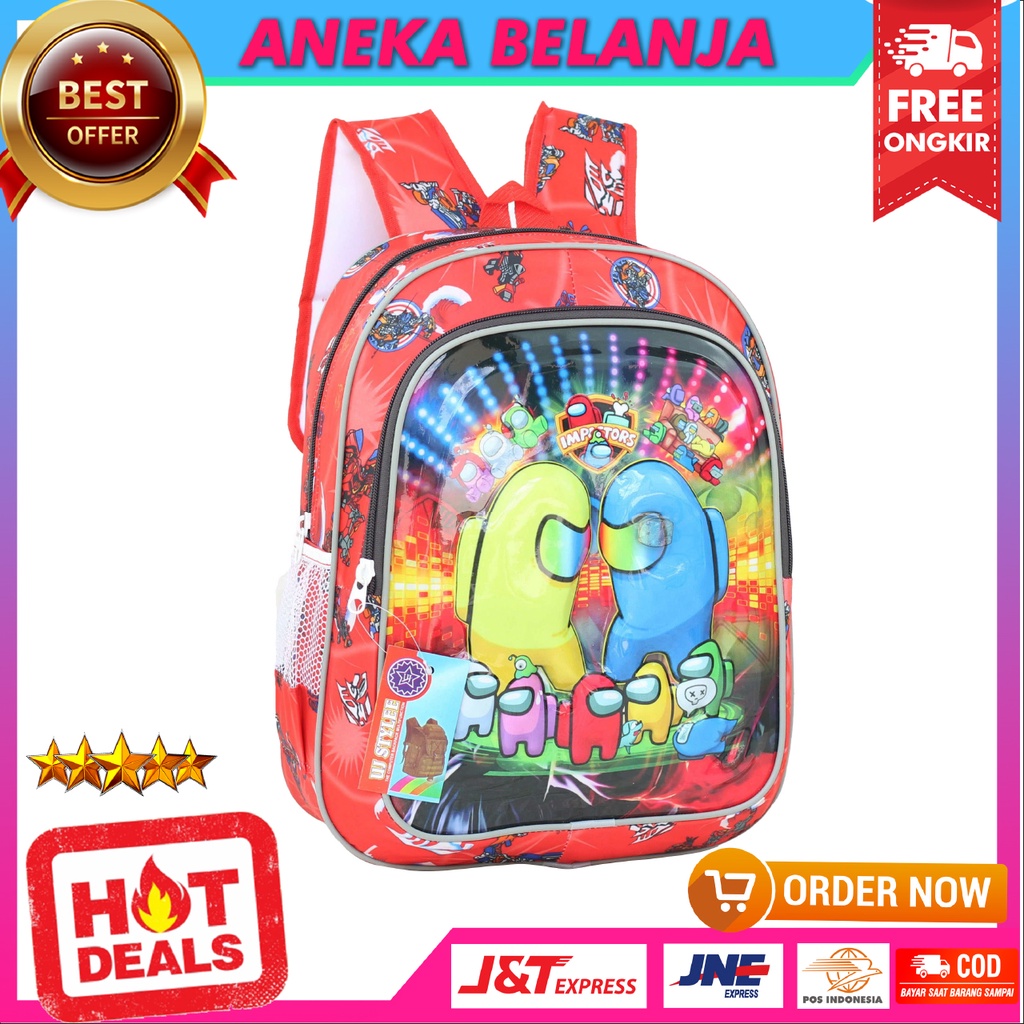 Ransel Anak Laki-Laki Motif Lampu Among Us Warna Merah Lucu Imut Cocok Untuk Sekolah Multifungsi