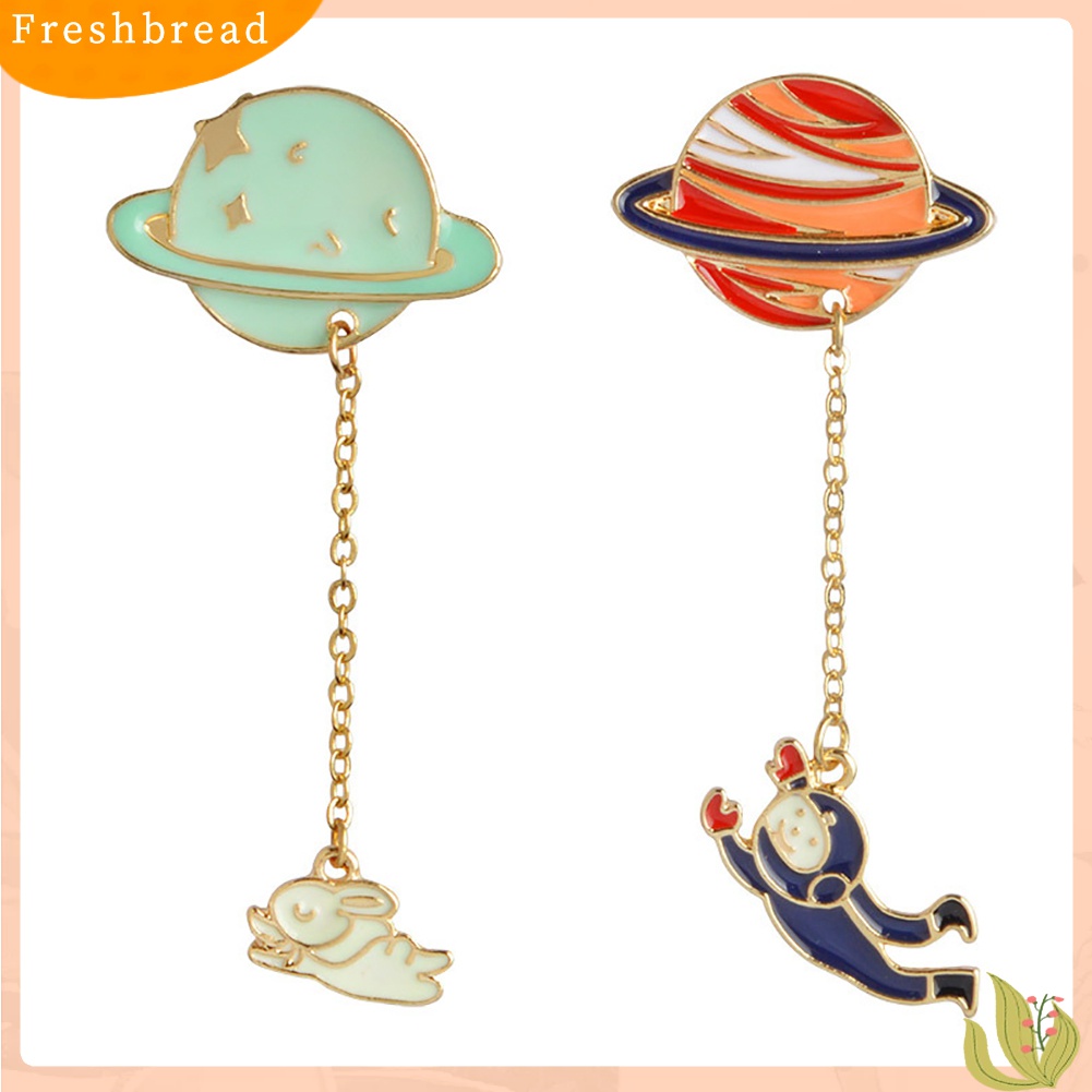 ?Fresh??BRos Pin Enamel Bentuk Planet Aksen Rantai Panjang + Astronot untuk Wanita/Pria