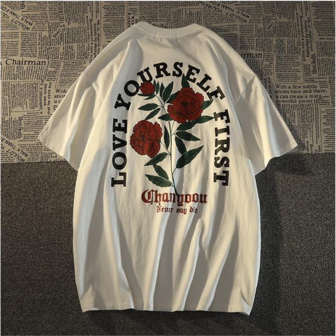 baju wanita kaos rose flower graphic printing t shirt oversize lengan pendek kaos putih